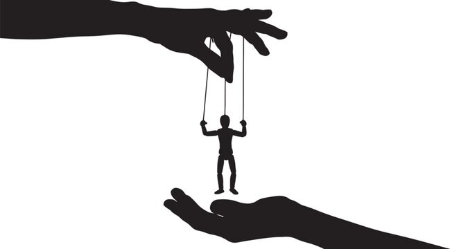 Silhouette of hands controlling a puppet with strings, symbolizing manipulation vector illustration on white background also transparent background