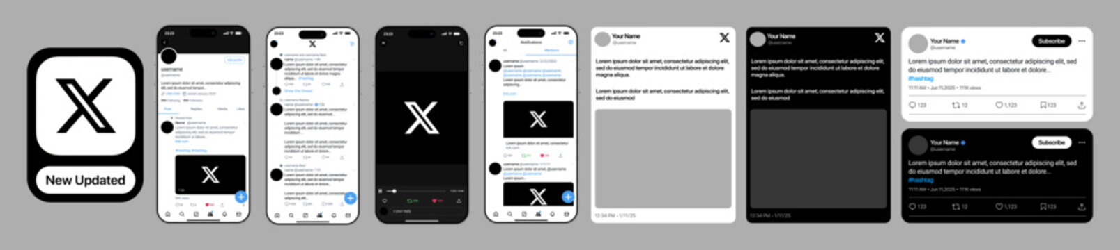 X or Twitter mobile mockup displaying tweet feed, profile, composer, and notifications in sleek smartphone layout, modern social media vector illustration