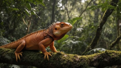 An orange iguana, perched regally on a mossy branch in a lush, green rainforest