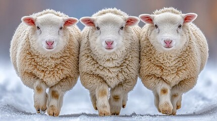 Three adorable fluffy sheep walking in a snowy landscape creating a heartwarming winter scene