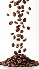 Obraz premium Roasted coffee beans fall onto growing pile. Brown caffeine seeds drop on pure white background, ready for brewing hot invigorating drinks. Fresh aroma, energy fill air, creating perfect mood for