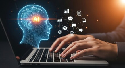 Ai concept with digital face and technology icons near typing hands
