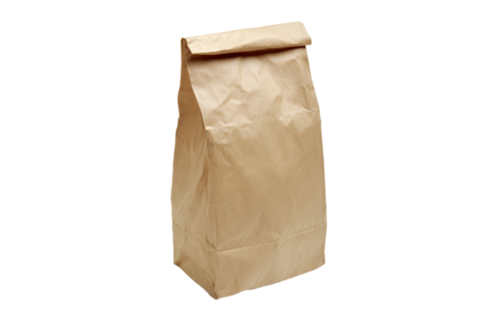 Crumpled brown paper bag standing with folded top reflecting simplicity and versatility
