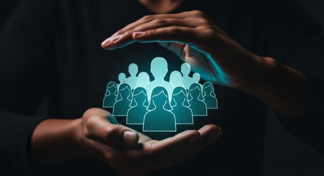 Diverse hands holding holographic figures symbolizing teamwork and support