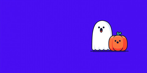 Cute ghost and pumpkin illustration on purple background. Minimal Halloween banner with copy space