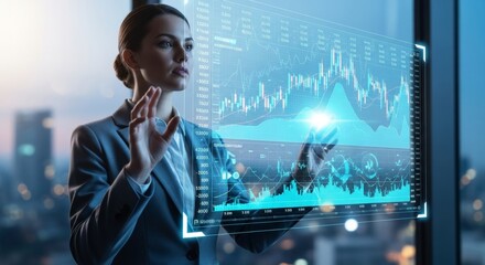 Young caucasian female analyzing financial data on futuristic touchscreen interface in office