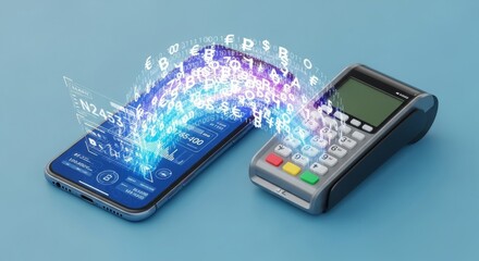 Digital payment concept with smartphone and card reader on blue background