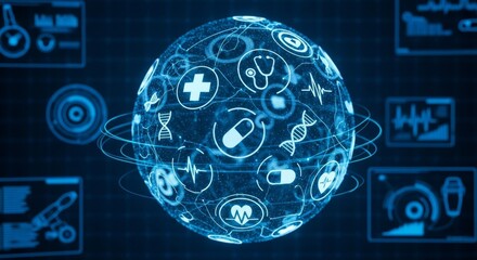 Digital healthcare sphere with medical icons and data visualizations