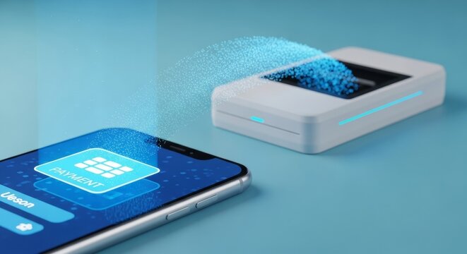 Contactless mobile payment with smartphone and digital reader on blue background