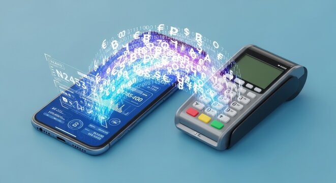 Digital payment concept with smartphone and card reader on blue background