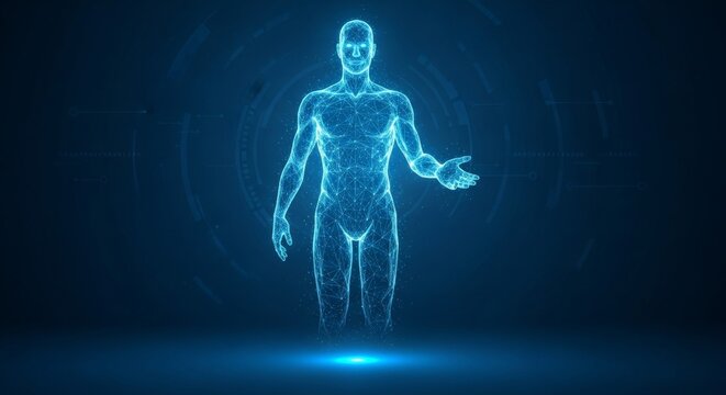Digital human hologram in futuristic blue light - Powered by Adobe
