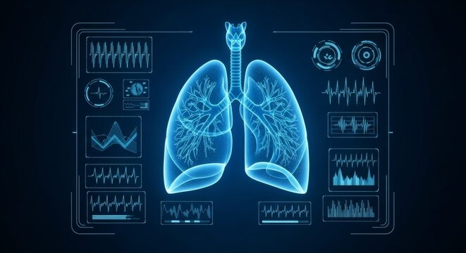 Futuristic digital lung interface with medical data and diagrams on dark background