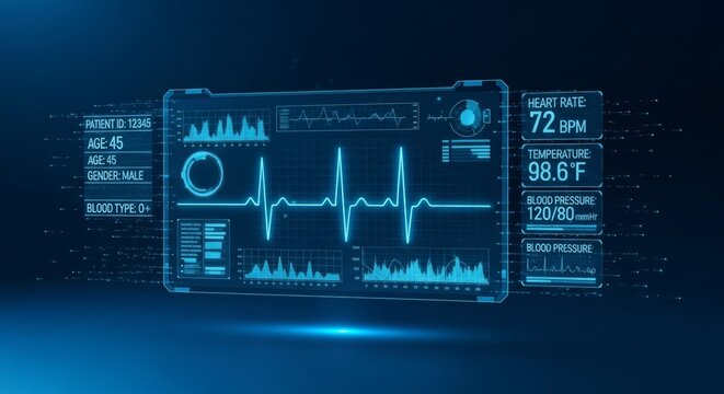 Futuristic digital health monitor displaying vital signs and data