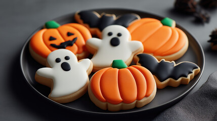 Colorful Halloween cookies featuring ghosts, pumpkins, and bats arranged on a dark plate ready for festive celebrations