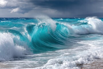 Obraz premium Turquoise Ocean Waves Crashing Under Stormy Sky