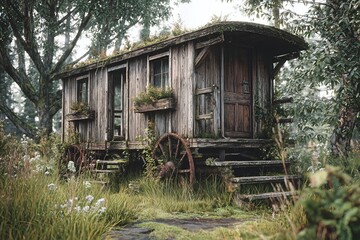 Overgrown Wooden Wagon in Forest Clearing