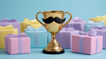Father's day celebration backgrounds that include gift boxes, mustache decorations, and trophies to symbolize appreciation are well-suited for holiday-themed design projects, marketing campaigns with