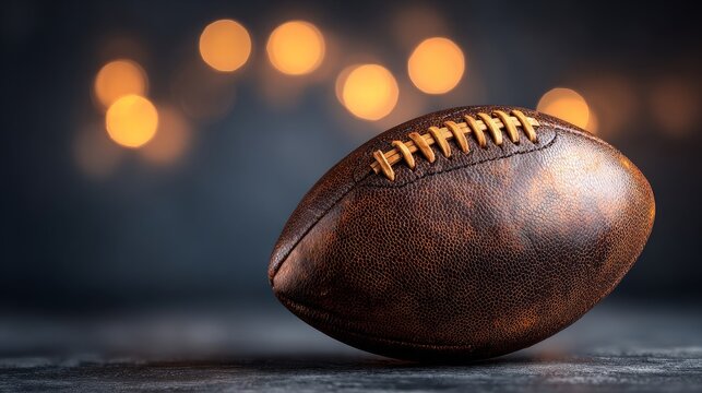 On a dramatic black background, a classic American football is captured in a close-up shot, highlighting its white laces and textured leather surface, with soft lighting used to enhance its features
