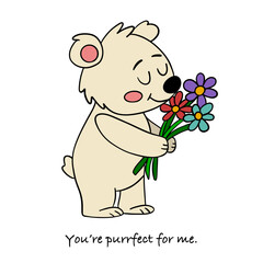 Adorable hand-drawn Valentine’s Day poster featuring a cute teddy bear with flowers with sweet romantic quotes below
