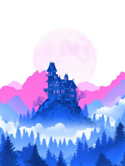Haunted house on a misty mountain under full moon. Halloween night illustration with fog and vibrant colors, bleu and purple, creative graphic poster 