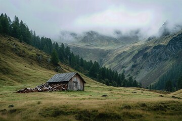 Misty Mountain Meadow with Cabin and Pines