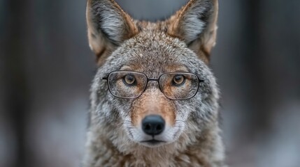 Fototapeta premium A stylish wolf wearing glasses is depicted in a close-up portrait, designed as a horizontal wallpaper for desktop computer backgrounds, embodying a creative animal illustration with a modern cool