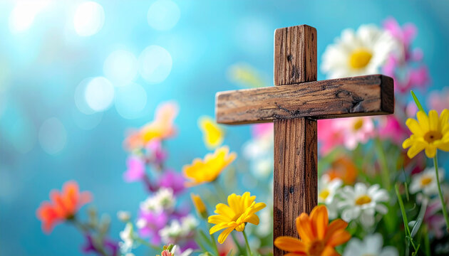 Wooden cross in sharp focus with blurred colorful spring flowers in background, Easter and religious