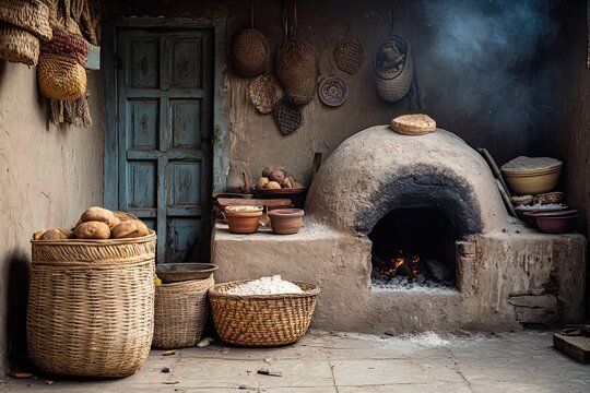 Traditional Clay Oven with Baskets of Ingredients