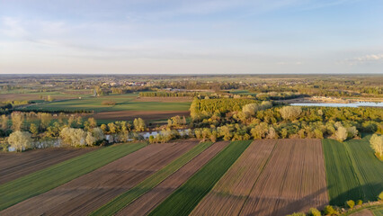 Aerial view of lush green fields and meandering river, showcasing agricultural landscape at sunset, highlighting nature's serenity and rural beauty.