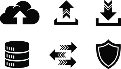 Cloud computing and data storage icons, upload, download, database and security isolated on white background