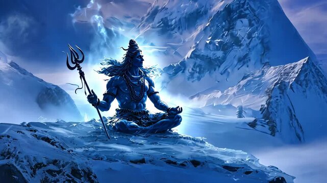 A digital painting of shiva in battle pose with blue flames and lightning around, fantasy mythic art, dark stormy sky