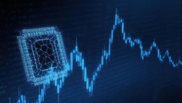 Blue-toned image with a circuit diagram overlaying a stock market graph, indicating technological data