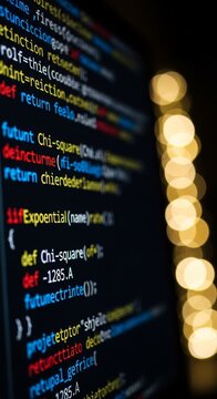 Close-up of colorful programming code on screen with blurred lights in background