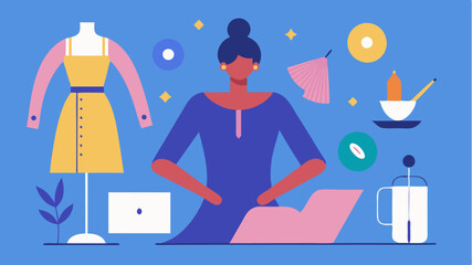 A whimsical portrayal of a fashion designer at work surrounded by sketches fabrics and sewing tools depicting the creative process in a dynamic environment.