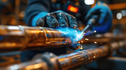 A plumber's hand welding copper pipes with a welding torch. Sparks fly as the metal joints are fused together. The scene is set in a workshop environment.
