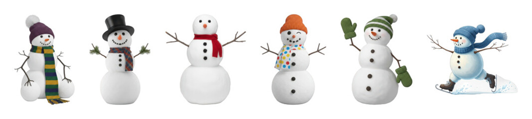 Snowmen set including various hats, scarves, and poses isolated. Festive holiday and winter character collection.