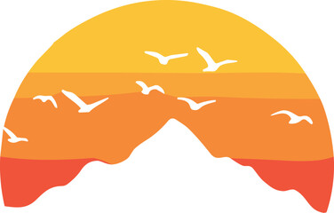 Sunset landscape vector, mountain silhouette, flying birds, warm gradient sky, minimalist nature scene, tranquil evening illustration, peaceful outdoor background, stock art