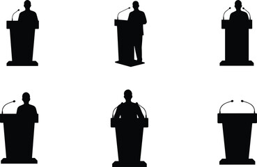 Public speaking silhouettes, debate podiums, speaker icons, leadership concept, conference illustration, communication skills, political discussion, black vector design
