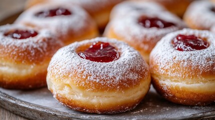 Fresh jelly donuts dusted with powdered sugar on wooden platter  