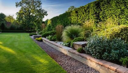 landscaped garden with retaining wall and lush greenery