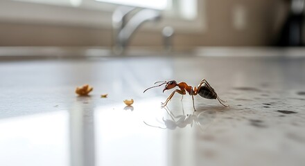 Ant foraging for food crumbs on a kitchen counter.