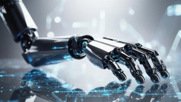 Close-up of a futuristic metallic robotic arm with intricate details, glowing and reflective