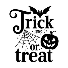 Obraz premium Trick or Treat Halloween design with a bat, spiderweb, and Jack-o'-lantern. A festive black and white quote for party decorations, isolated on a transparent background. Vector illustration.