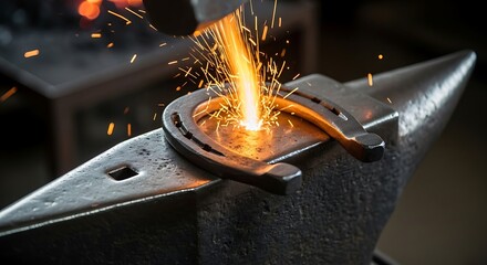 Blacksmith forging a horseshoe with sparks flying on an anvil.