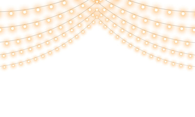 Warm glowing string lights or christmas fairy lights overlay with soft warm white illumination for festive event celebration and home decoration on transparent background