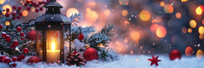 Christmas Lantern with Fir Branch on Snow and Bokeh Lights