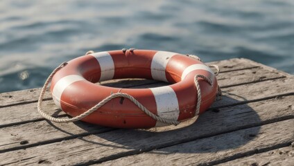 Naklejka premium Close-up of a life preserver resting on a weathered wooden dock with blurred water background