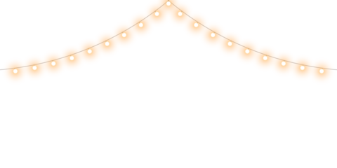 Warm glowing string lights or christmas fairy lights overlay with soft warm white illumination for festive event celebration and home decoration on transparent background