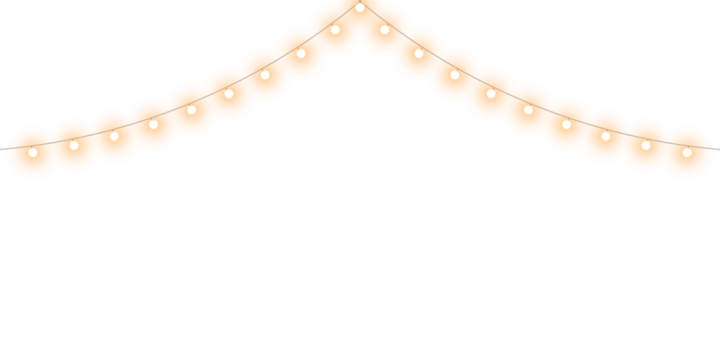 Warm glowing string lights or christmas fairy lights overlay with soft warm white illumination for festive event celebration and home decoration on transparent background