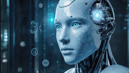 Close-up of a realistic android female face with glowing blue eyes and a technological interface